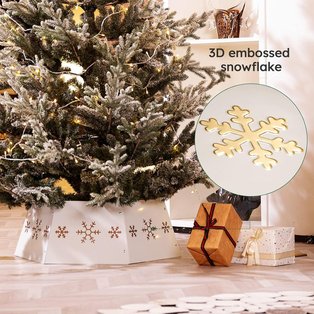 Metal Christmas Tree Collar with 3D Snowflake Authentic, Hexagon Heavy-Duty Iron Tree Base Cover for Pencil Tree