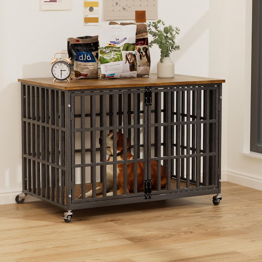 48 Inch Dog Crate Furniture, Heavy Duty Wooden Dog Kennel for Large Dogs, Chew Proof & Escape-Proof Indoor Dog Cage