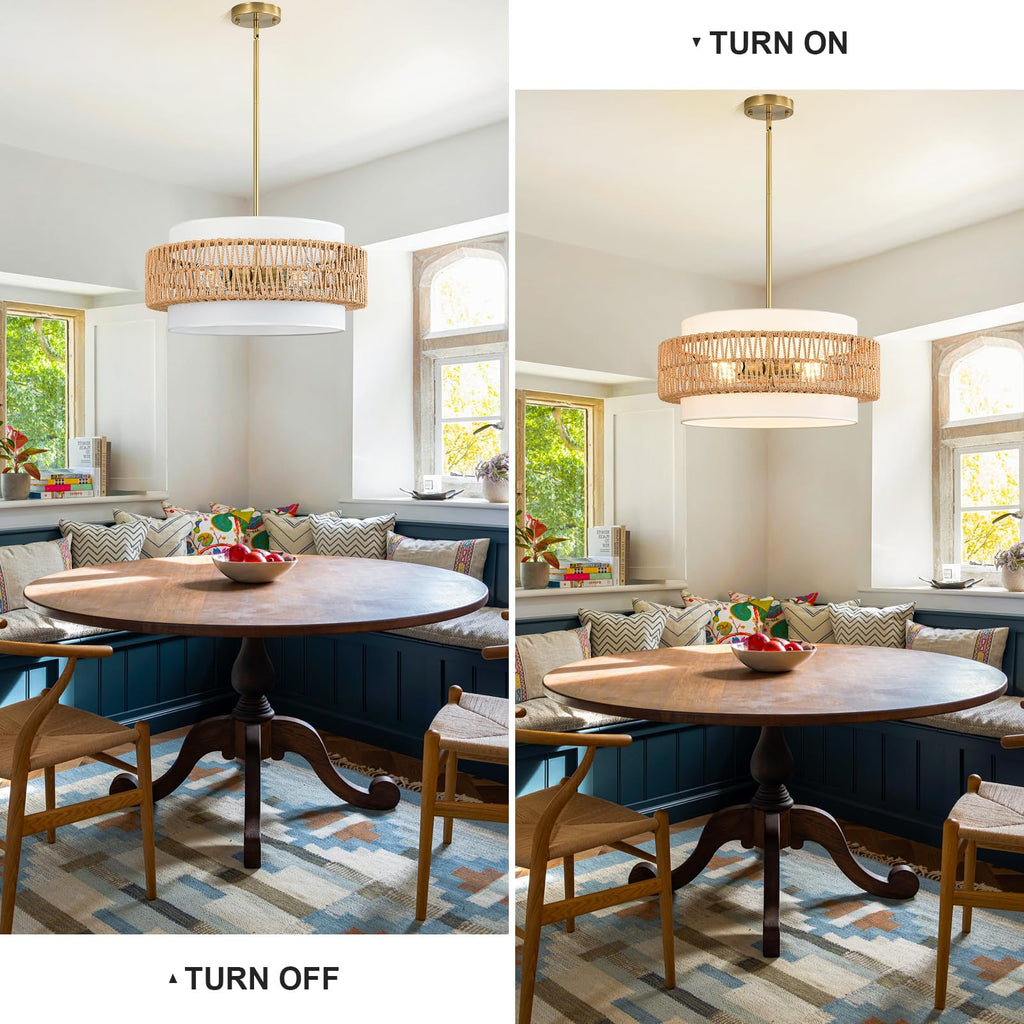 19.7" Rattan Chandelier, 4-Light Boho Pendant Hanging Light