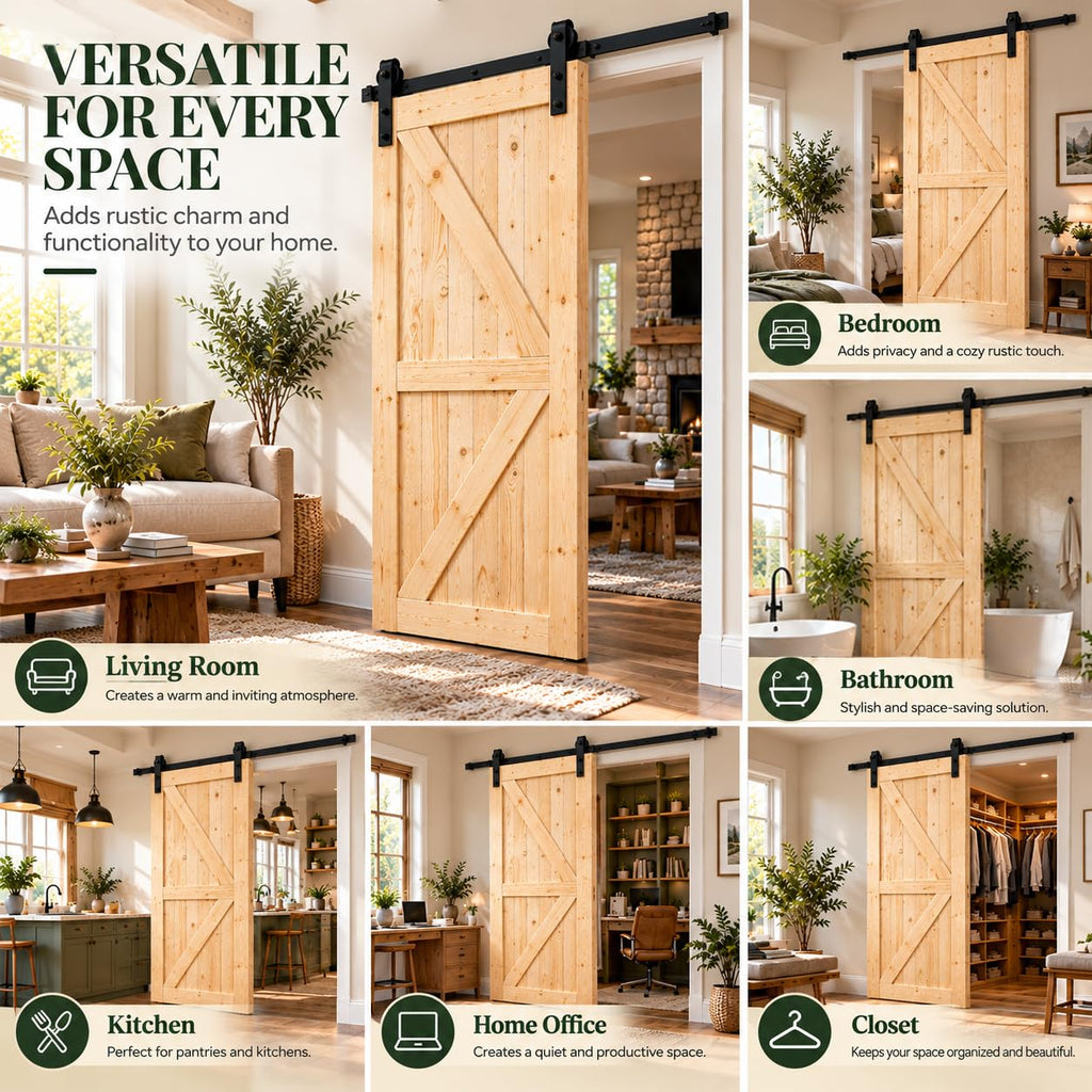 48in x 84in Unfinished British Brace Knotty Barn Door with Sliding Hardware Kit/Solid Wood/Sliding Door/Double