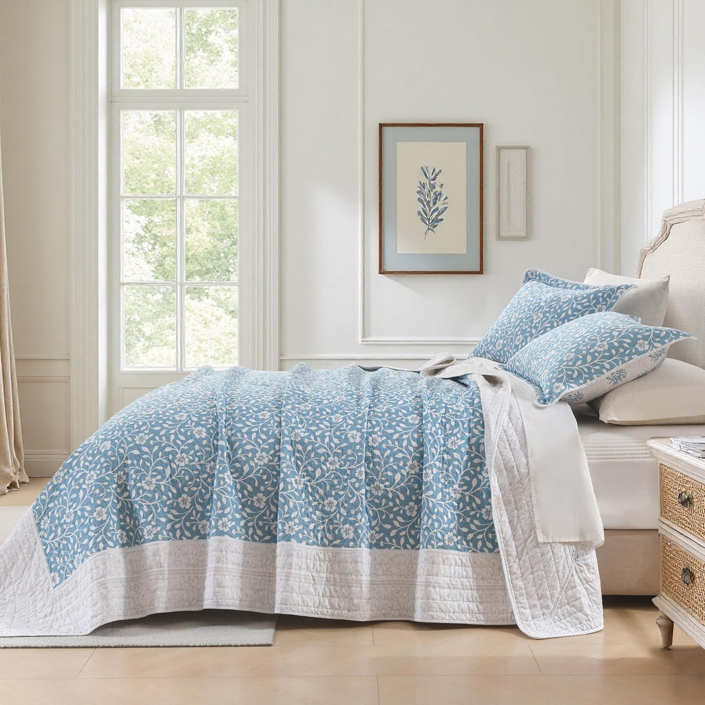 100% Cotton Quilt Set - Floral Quilted Comforter, Reversible Botanical Farmhouse Quilt Bedspread