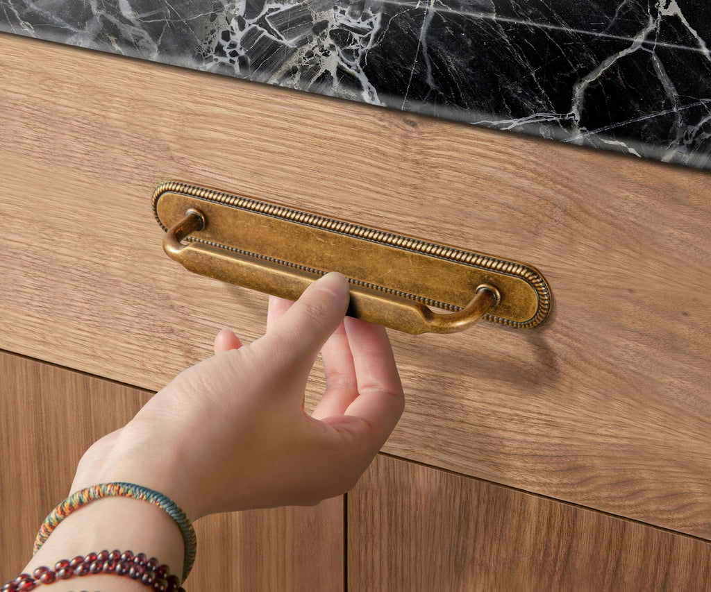 2 Pack Cabinet Pulls Antique Brass Drawer Pulls with Backplate,5 Inch Hole Center Vintage Cabinet Handles with Spacer