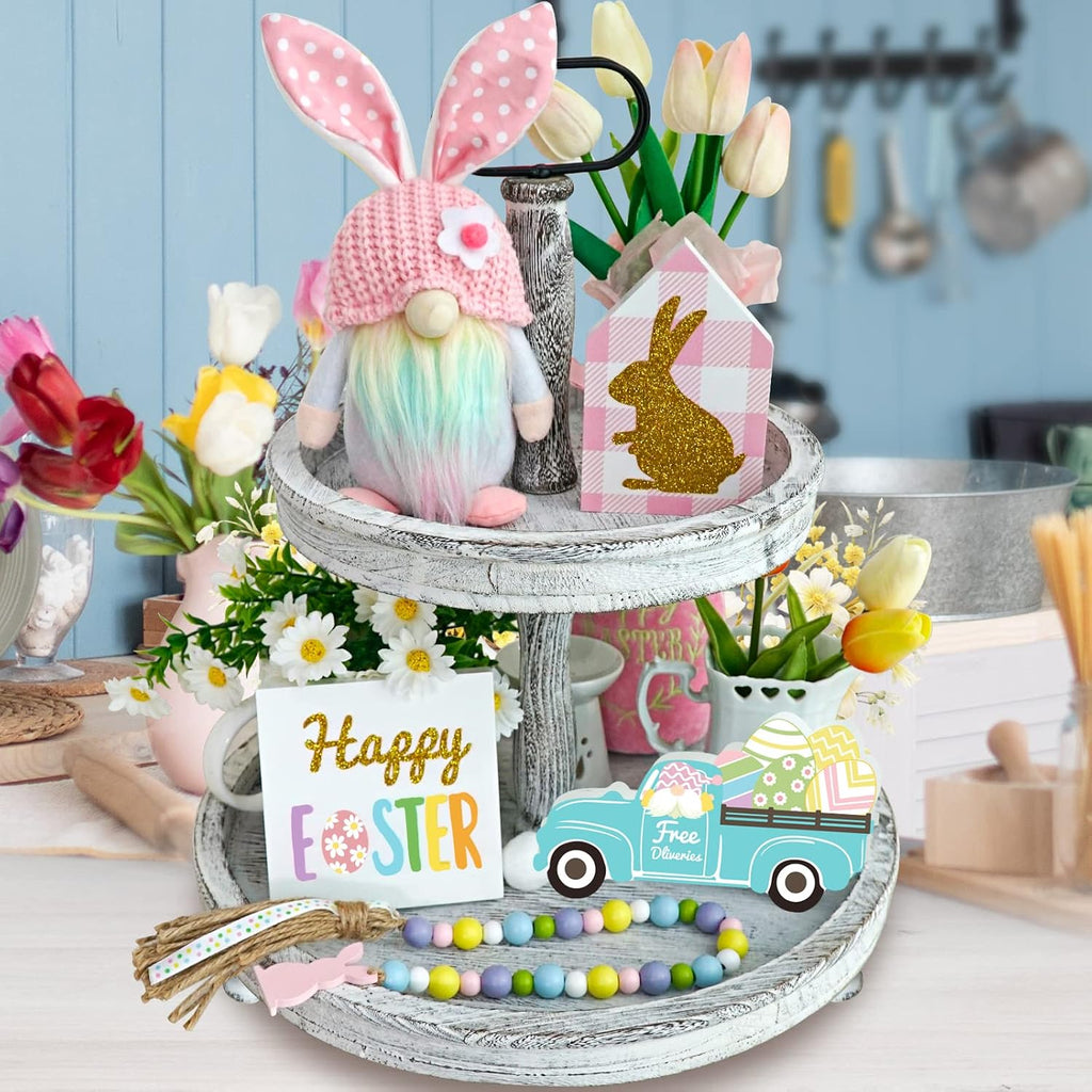 Easter Decorations, Easter Gnome Tiered Tray Decor, Glitter Easter Wood Signs, Truck Full of Eggs, Easter Bunny - Set of 5