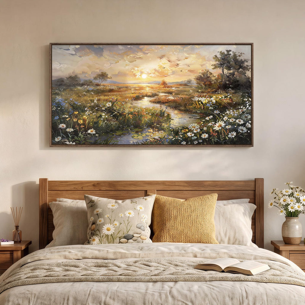 Large Framed Vintage Sunset Landscape Wall Art, 60x30 Inch