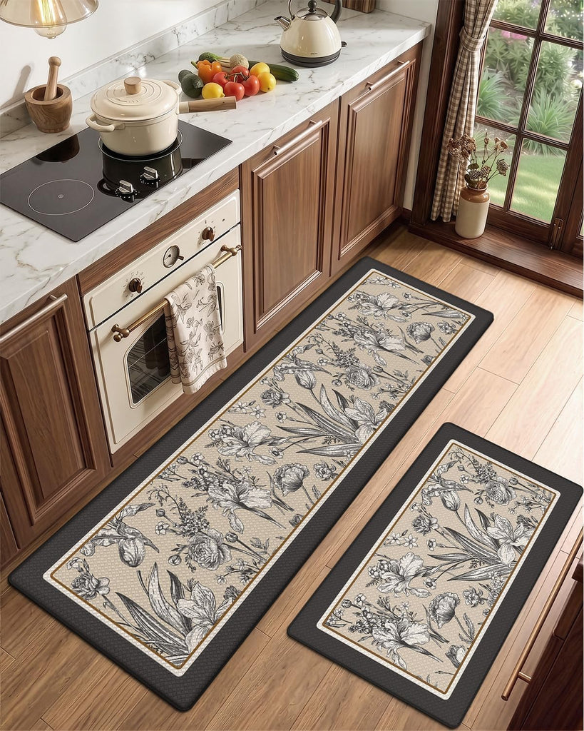 Kitchen Mats for Floor Set of 2 Cushioned Anti Fatigue, 17x30+17x59 | Cream Black Memory Foam Padded, Easy Care