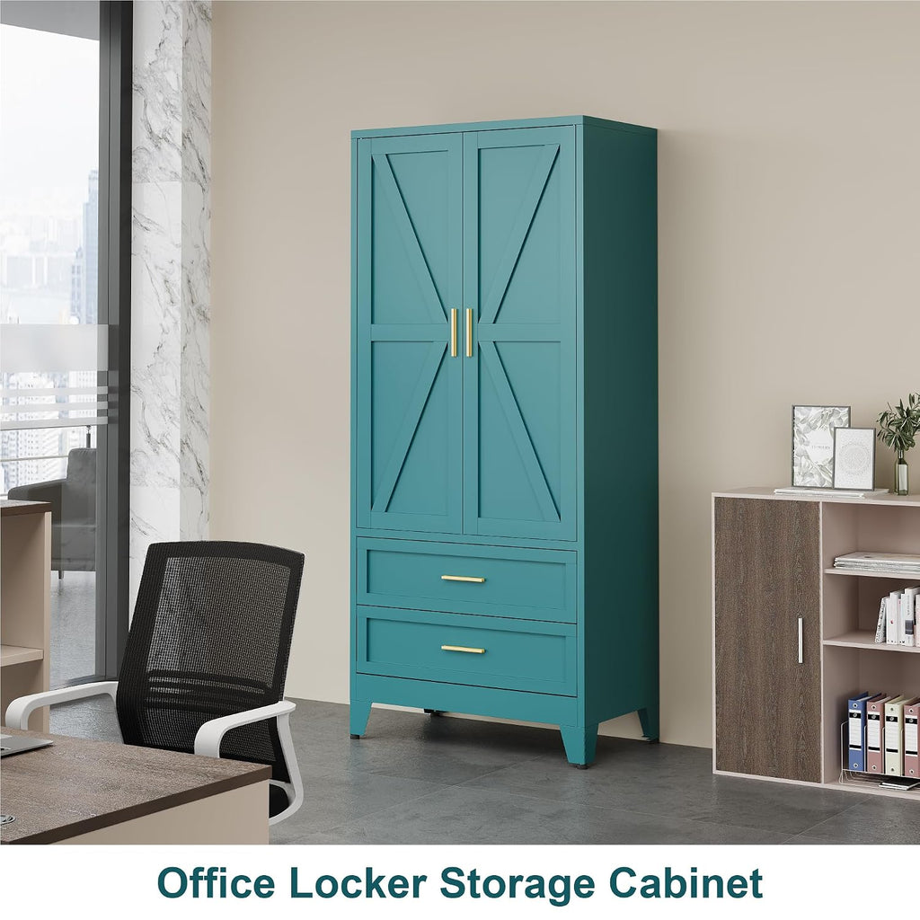 71" Tall Metal Wardrobe with Doors, Hanging Rod & Adjustable Shelf, Freestanding Steel Armoire Home Office, 2-Drawer