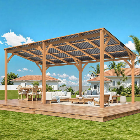 20' x 10' Outdoor Wood Gazebo for Patio, Large Outdoor Lean to Hardtop 10x20 Cedar Pergolas and Gazebos Clearance, Wall Mounted Wooden Gazebo Heavy Duty Awnings for Patio, Decks, Backyard