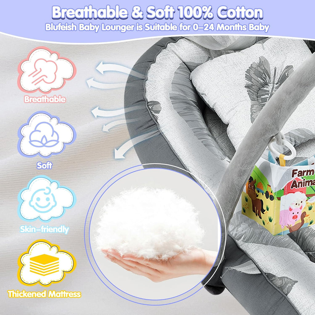 Portable Baby Lounger with 4 Toys,Infant Lounger with Fitness Rack, Breathable & Soft Cotton Newborn Lounger