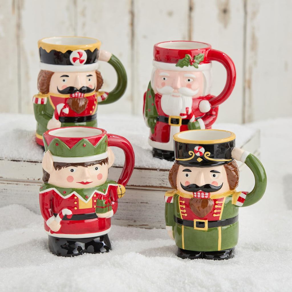 Nutcracker Parade 3D Sculpted Holiday Mugs Set of 4 - Festive Nutcracker, Baker, Santa, and Elf Designs - Christmas