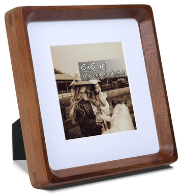 Square 6x6 Picture Frame with Mat for 4x4, USA-Sourced Natural Walnut Wood Handcrafted Rounded Corner with Real