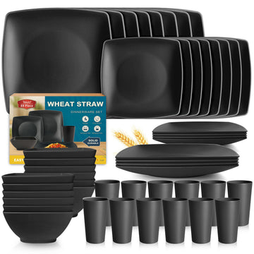 48-piece Black Plates and Bowls Sets, Square Kitchen Dish Set for 12