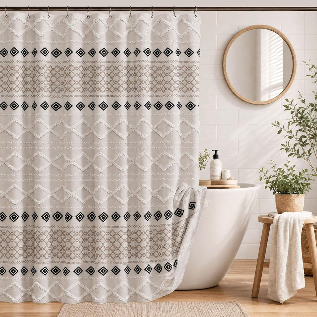Boho Fabric Shower Curtain Set with 12 Metal Hooks, Modern Minimalist Geometric 3D Striped Textile Pattern Bathroom