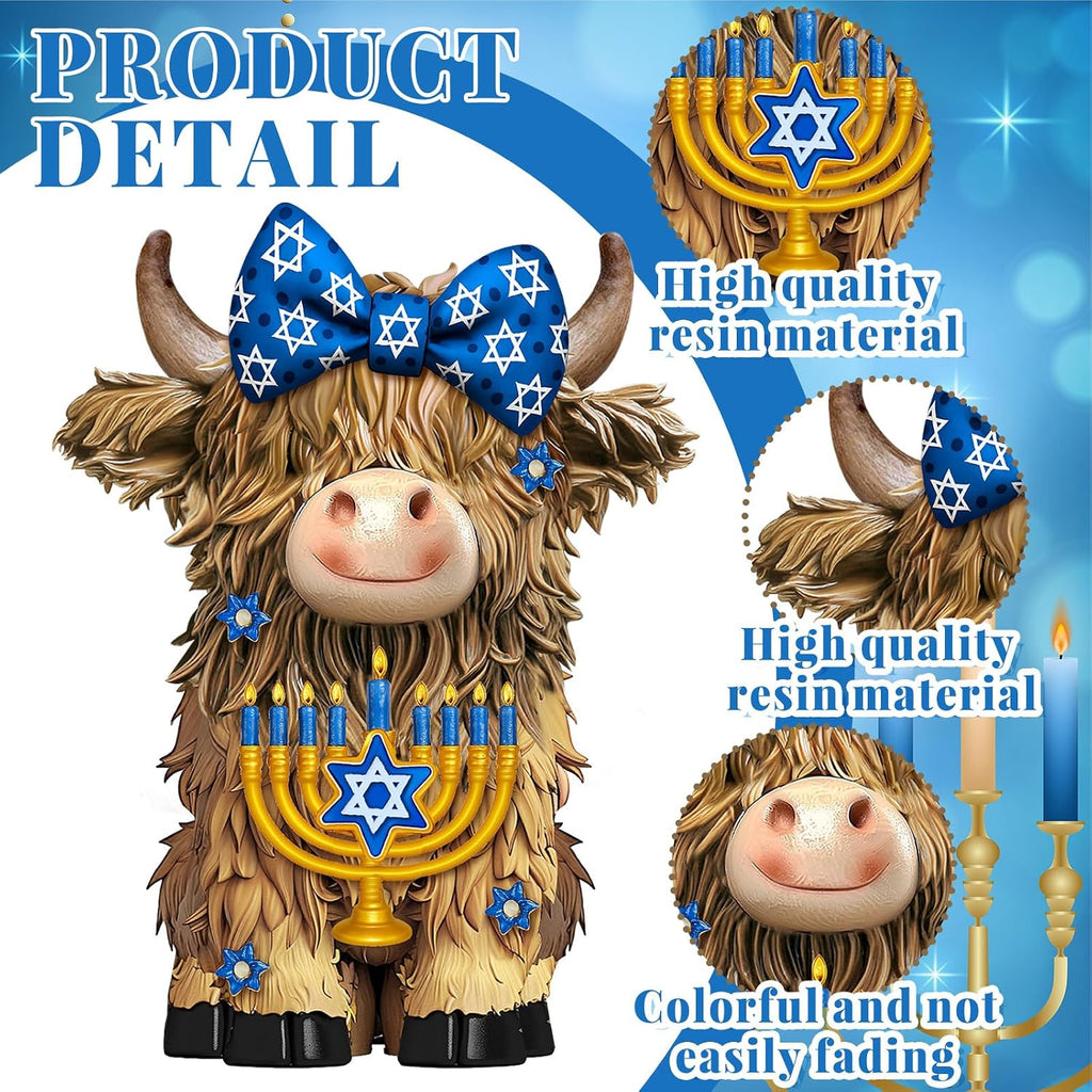 Hanukkah Highland Cow Figurines Decor, Blue Hanukkah Style - Set of 2
