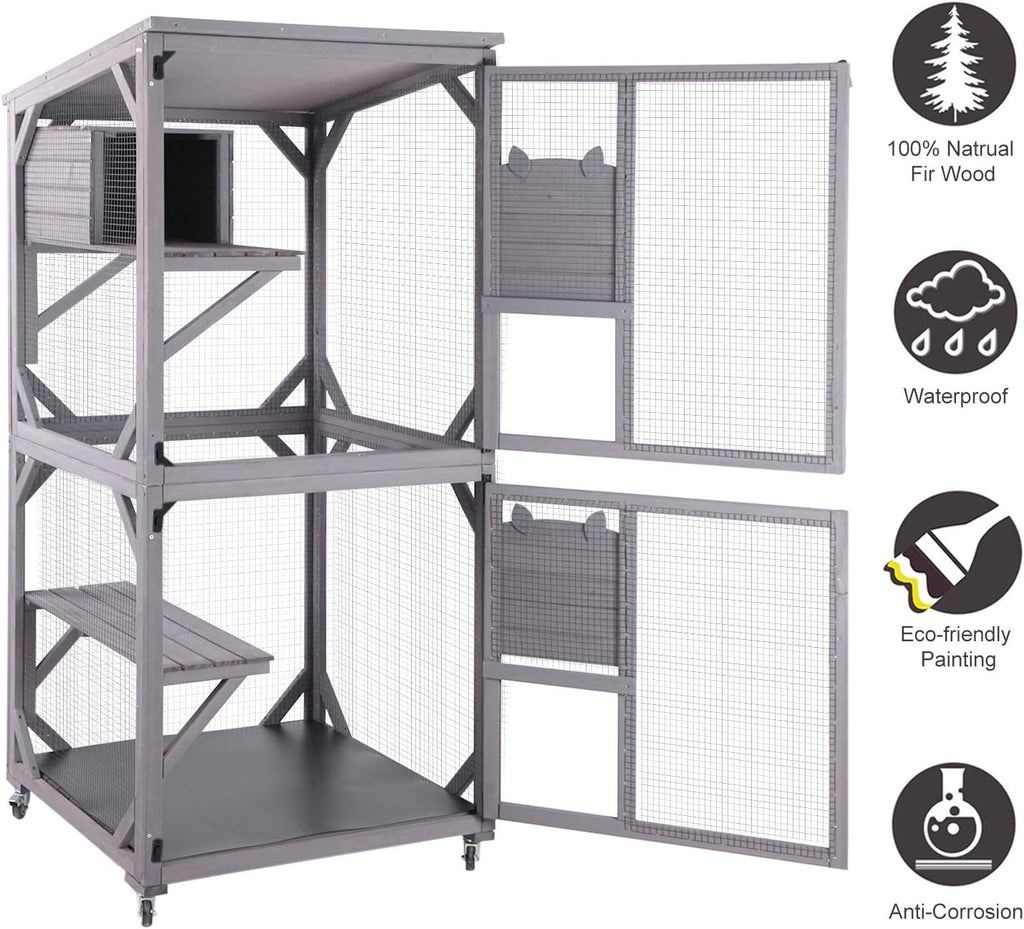 Cat Catio Kitty House Outdoor and Indoor Run Large Wooden Cat Enclosure on Wheels 70.9" Upgraded Version Kennel Cage