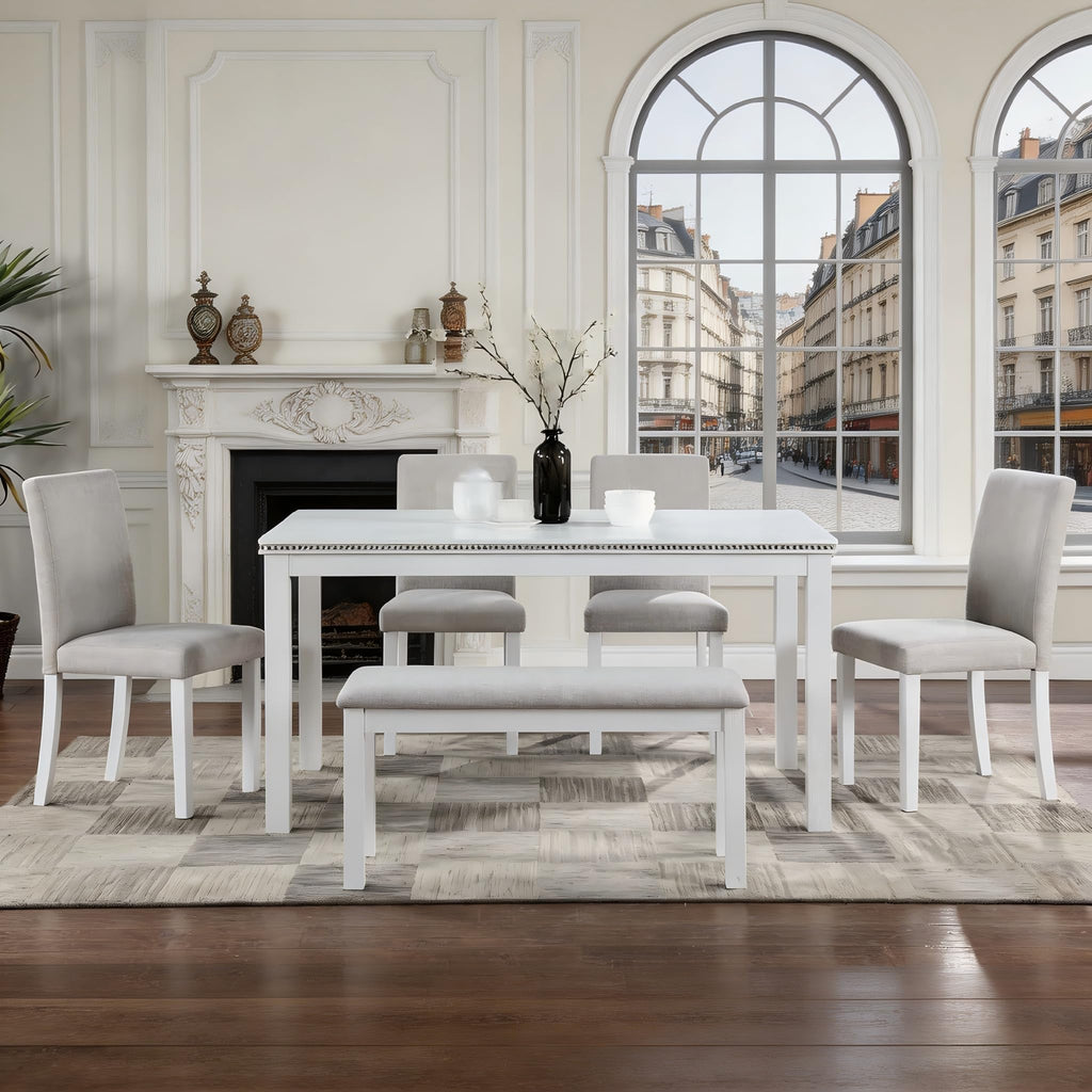 6-Piece Dining Table Set for 6, Solid Wood Kitchen Table Set with 4 Upholstered Chairs & Bench, White