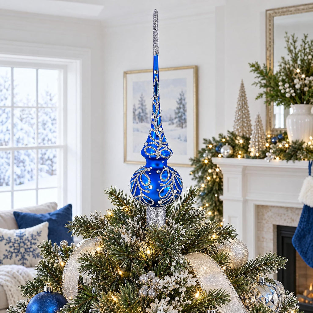 Blue Paisley Mouth Glass Christmas Tree Topper 11 Inches