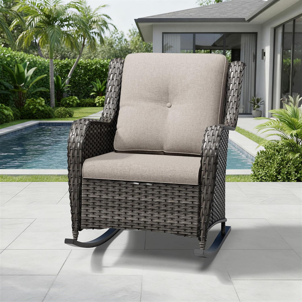 Outdoor Rocking Chair, Wicker Patio Furniture with High Back, Deep Seating, Wide Armrest, Thickened Cushions, Outdoor