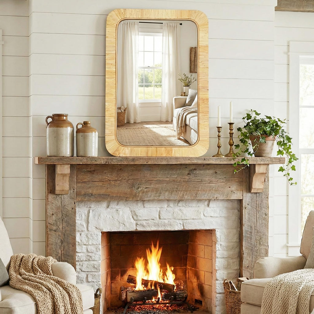 Handmade Rattan Mirror Vanity - Rectangular Wicker Frame Boho Wall Decor - Natural Nursery Decor Accent (24" x 36")