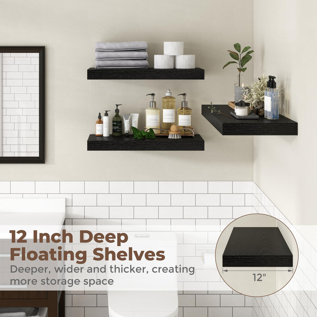 12 Inch Deep Floating Shelves for Wall, 20 x 12 Rustic Wood Gra Shelves with Invisible Brackets, Easy Install Wood