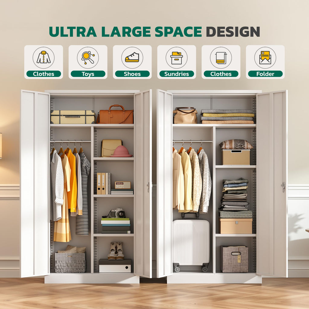 Metal Wardrobe Cabinet with Locking Doors, 72"H White Metal Wardrobe Closet with Hanging Rods and Adjustable Shelves