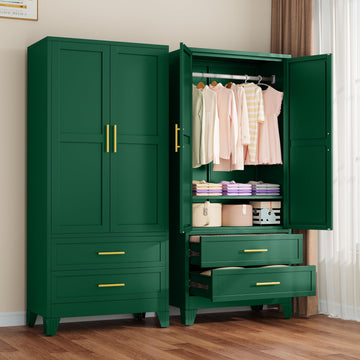 Metal Armoire Wardrobe Closet with 2 Drawers, 71" Wardrobe Cabinet with Adjustable Shelves and Hanging Rod, Clothing