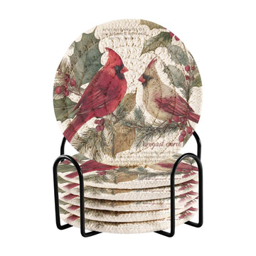 Christmas Coasters with Holder Red Cardinals Berry Winter Postcard Coasters Set of 6 Cotton Woven Absorbent Cup
