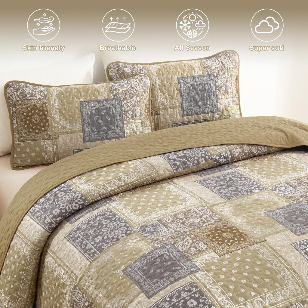 Boho Quilt Set, Beige Plaid Floral Bedspread Coverlet Set