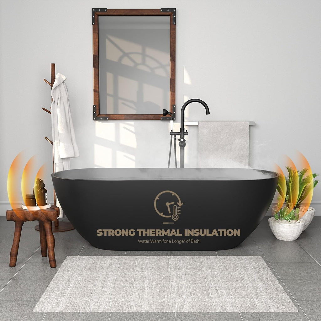 59" Free Standing Tub, Oval-Shaped Stone Resin Freestanding Bathtub Matte Black Solid Surface Soaking Tub with Drain