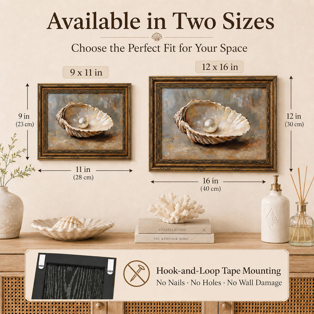 Vintage Gold Framed Oyster Shell Pearl Canvas Wall Art 12x16 Inch
