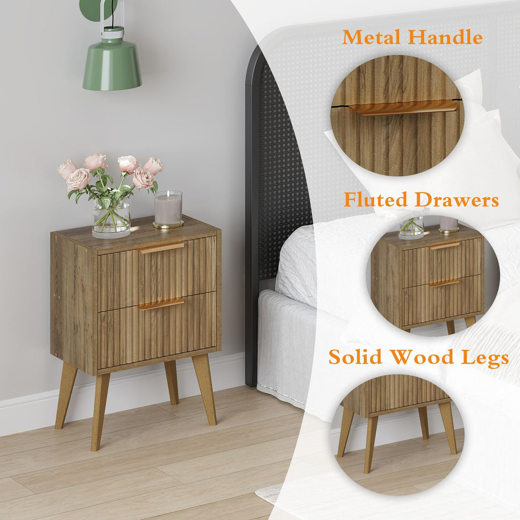 Fluted Nightstand with 2 Drawers, Walnut Brown Modern Bedside Table