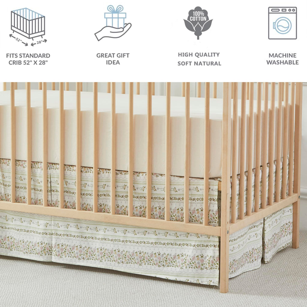 Floral Stripe Cotton Crib Bed Skirt Pleated Dust Ruffle for Baby Girls Boys Toddler Bedskirt Nursery Standard Crib