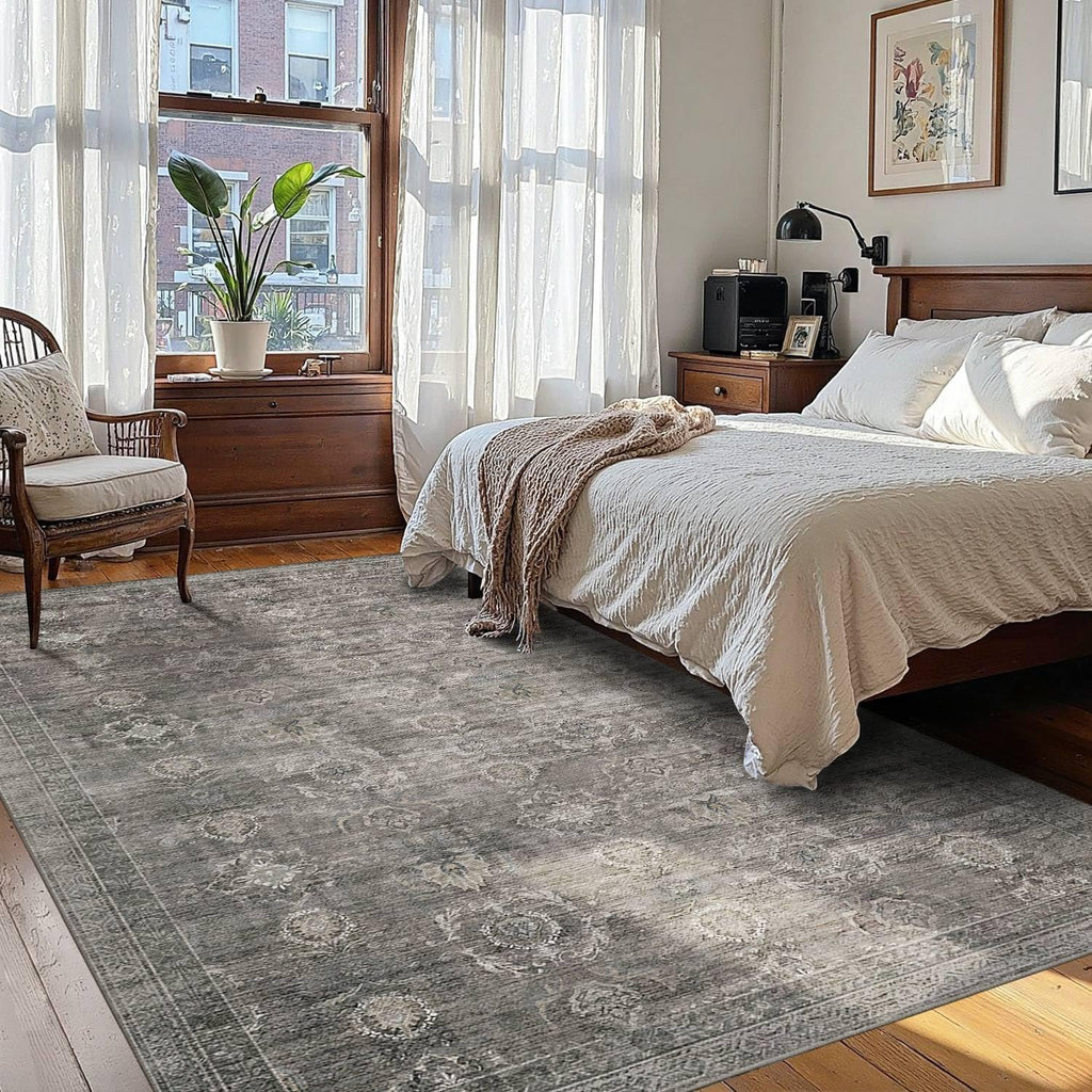 Area Rugs 5x7 for Living Room Bedroom, Grey Washable Rug, Vintage Retro Boho Rug, Non Slip & Low Pile Faux Wool Thin
