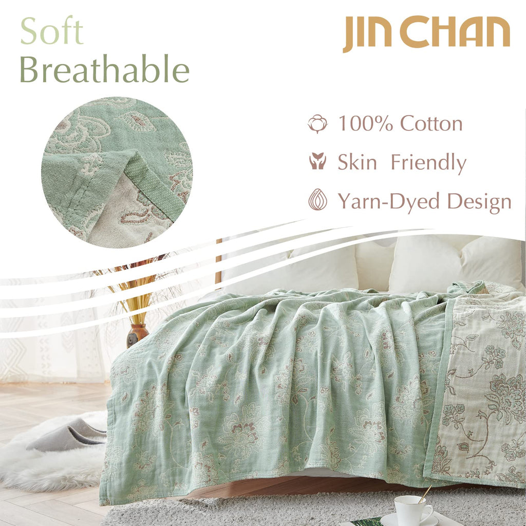 100% Cotton Muslin Blanket Twin Boho Blanket 50x60 Green/Beige