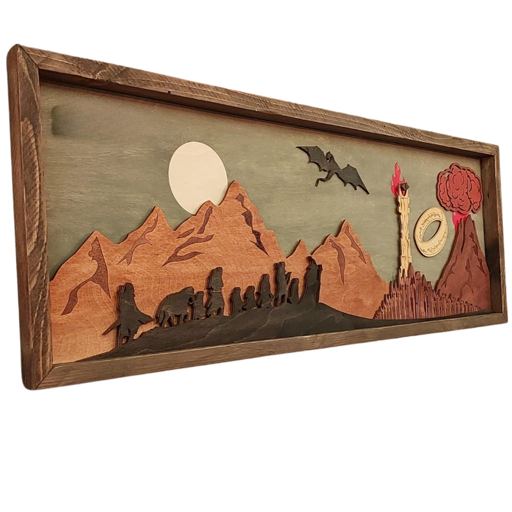Handmade 3D Wooden Wall Art - Layered Volcano Silhouette Home Decor or Game Room
