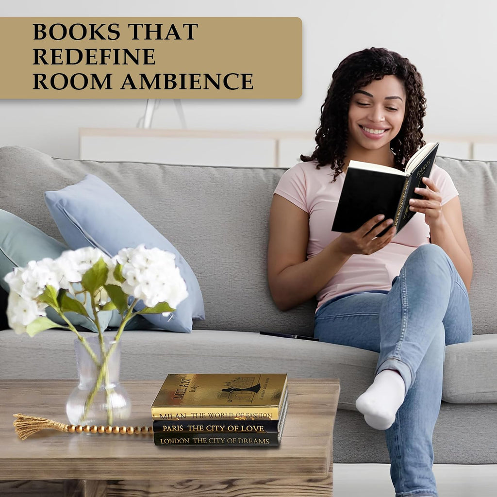 Decorative Books Set of 3 with Golden Garland Bead - Decorative Books for Coffee Table, Home Decor - Designer Books