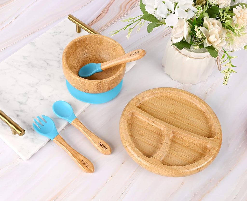 Bamboo Suction Plate & Bowl with Fork and 2 Spoons | Divided Wooden Feeding Dish for Toddlers | BPA-Free Baby Led