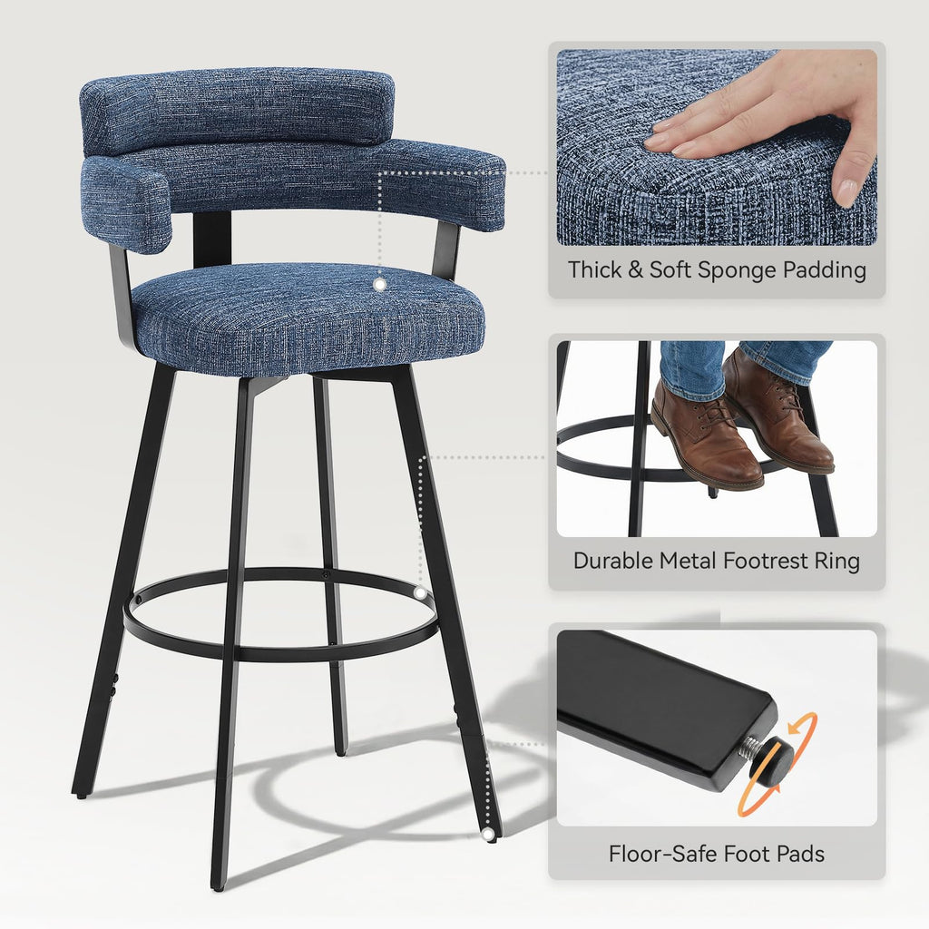 30 Inch Bar Stools Set of 2 with Full Back, Swivel Bar Chairs with Linen Padded Back, Metal Footrest, Modern Bar