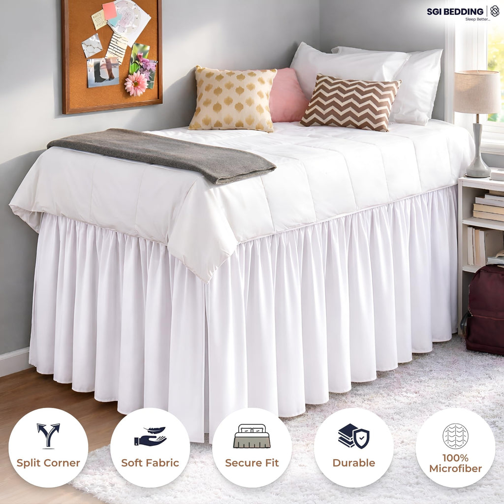 Dorm Bed Skirt Twin XL 30 Inch Drop Length - White, Ruffled Pattern College Dorm Room Dust Ruffle - Split Corner
