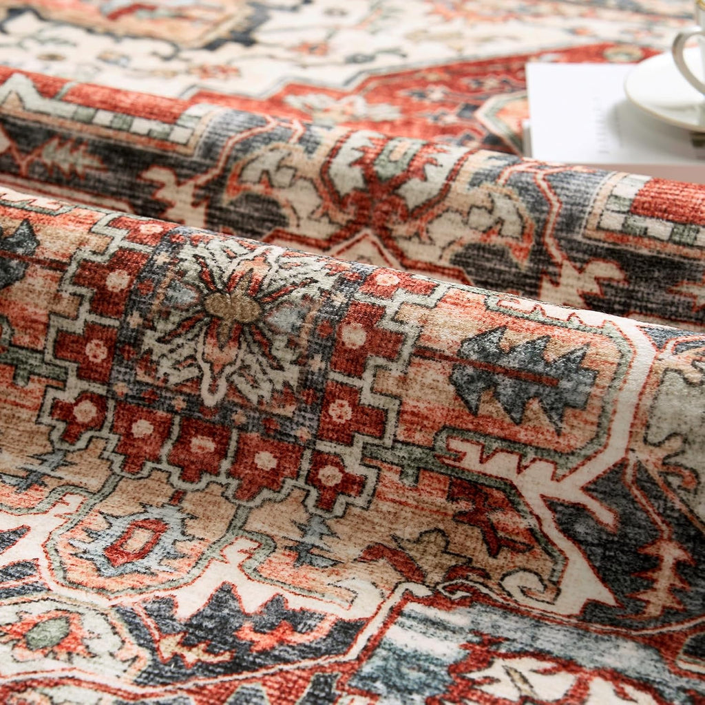 Washable Living Room Rug, Vintage Oriental Medallion, Terra Red