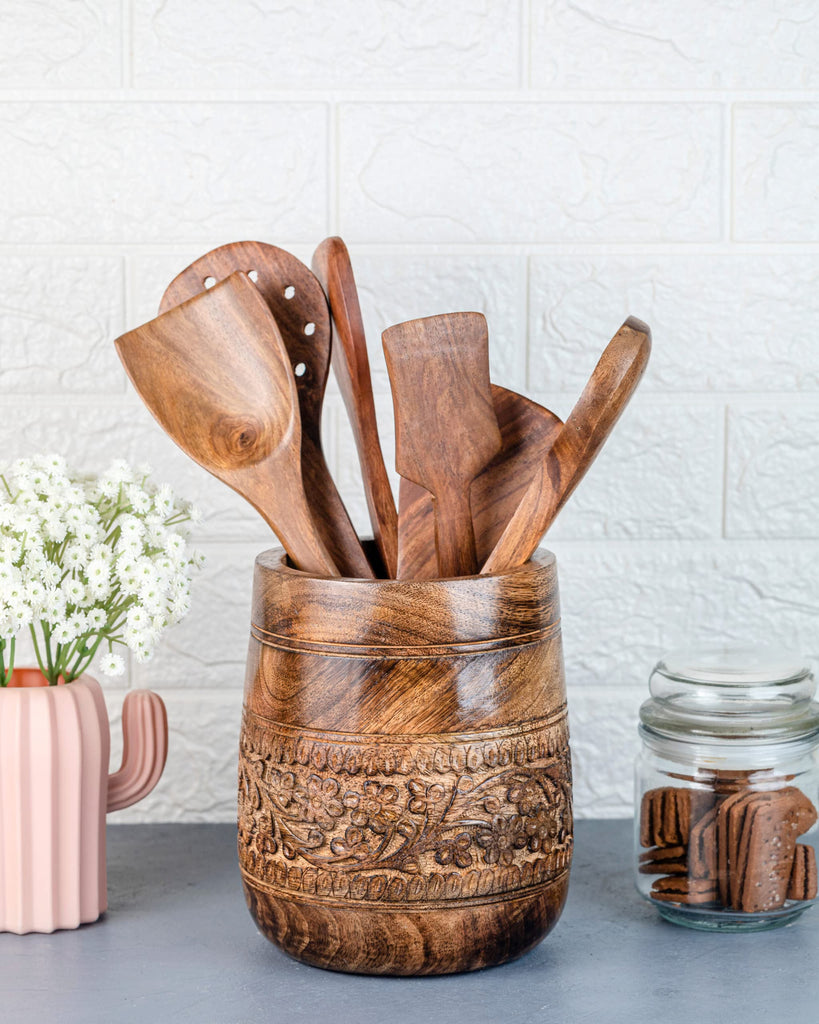 Rustic 7'' Large Utensil Holder, Wooden Kitchen Crock Brown