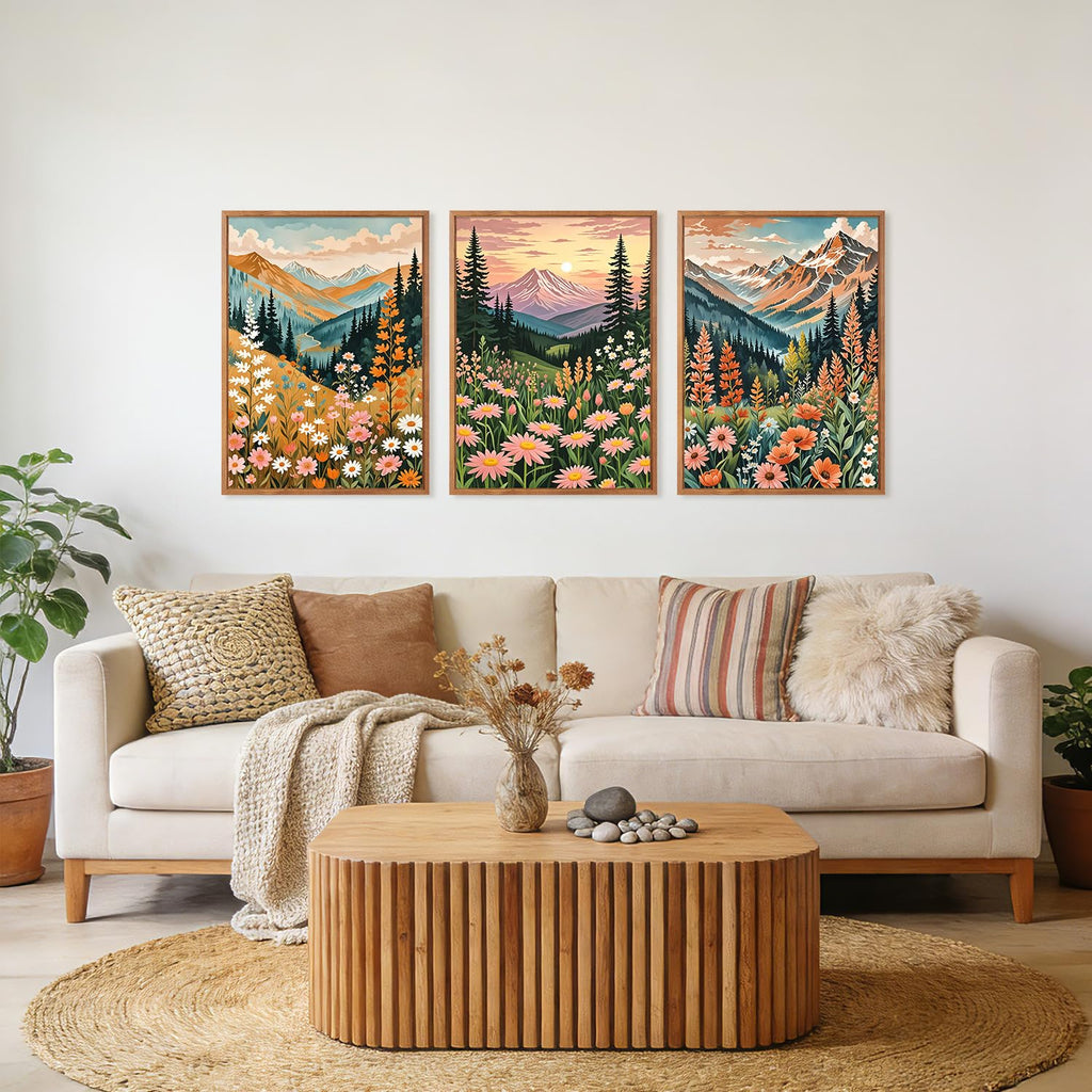 Mountain Sunset Floral Framed Canvas Wall Art Set, (Set of 3, 12X16 Inch) Colorful Wildflower Daisy Flower Wall