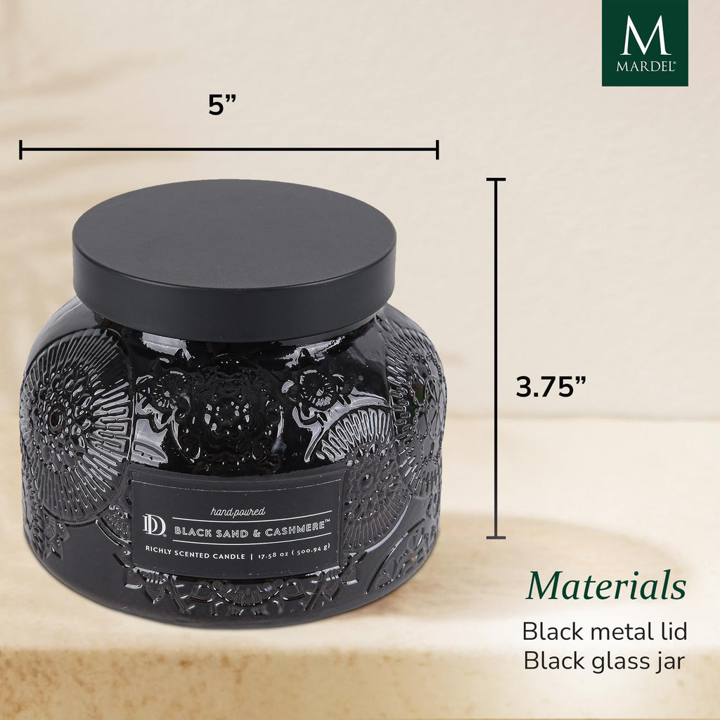 Black Sand & Cashmere Embossed Jar Candle (18 oz) Jasmine, Coconut, Rose, Bergamot, Floral - Dual Wick Embossed Glass
