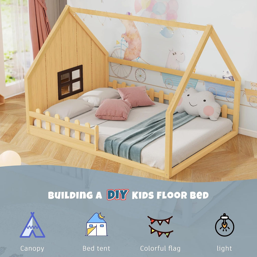 House Bed for Kids, Wood Montessori Floor Bed with LED Light Toddler Floorbed with Fence and Window