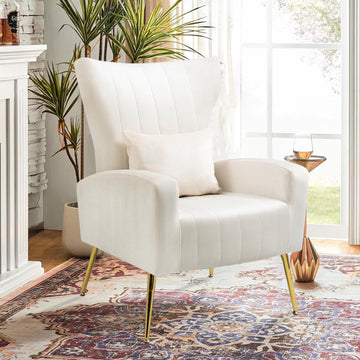 Velvet Accent Chair Bedroom, Modern Arm Chair with Wingback & Gold Metal Legs, Lumbar Pillow Included, White