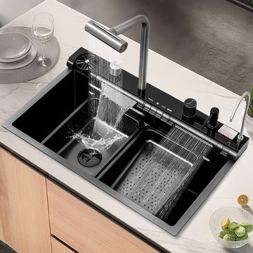 30x18 Dual Waterfall Kitchen Sink, Modern Kitchen Sink with 4 in 1 Faucet, Black Stainless Steel Single Bowl Digital