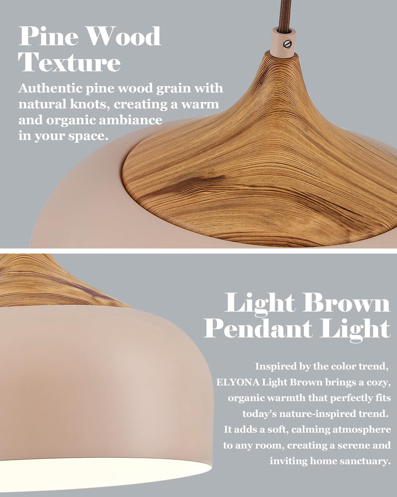 12 Inch Modern Japandi Pendant Light Island Farmhouse Hanging Lamp with Faux Pine Wood Grain Metal Shade, Adjustable