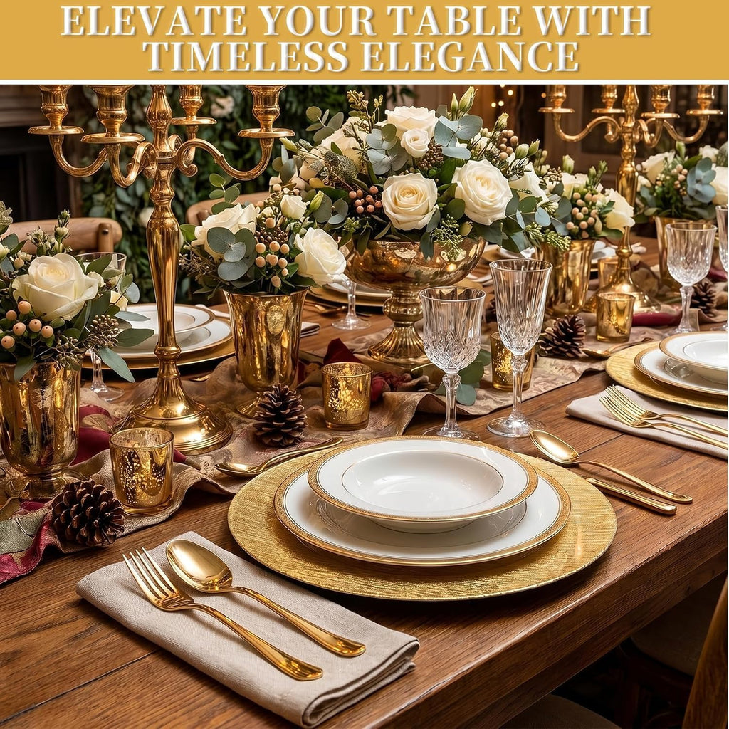 100 PCS 13 Inch Gold Charger Plates Bulk, Brushed Textured Plastic Round Chargers for Dinner Plates, Decorative