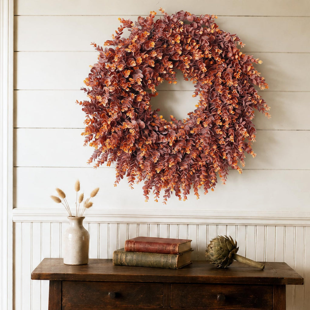 24" Lifelike Touch Fake Fall Eucalyptus Wreath for Front Door (Dark Orange)