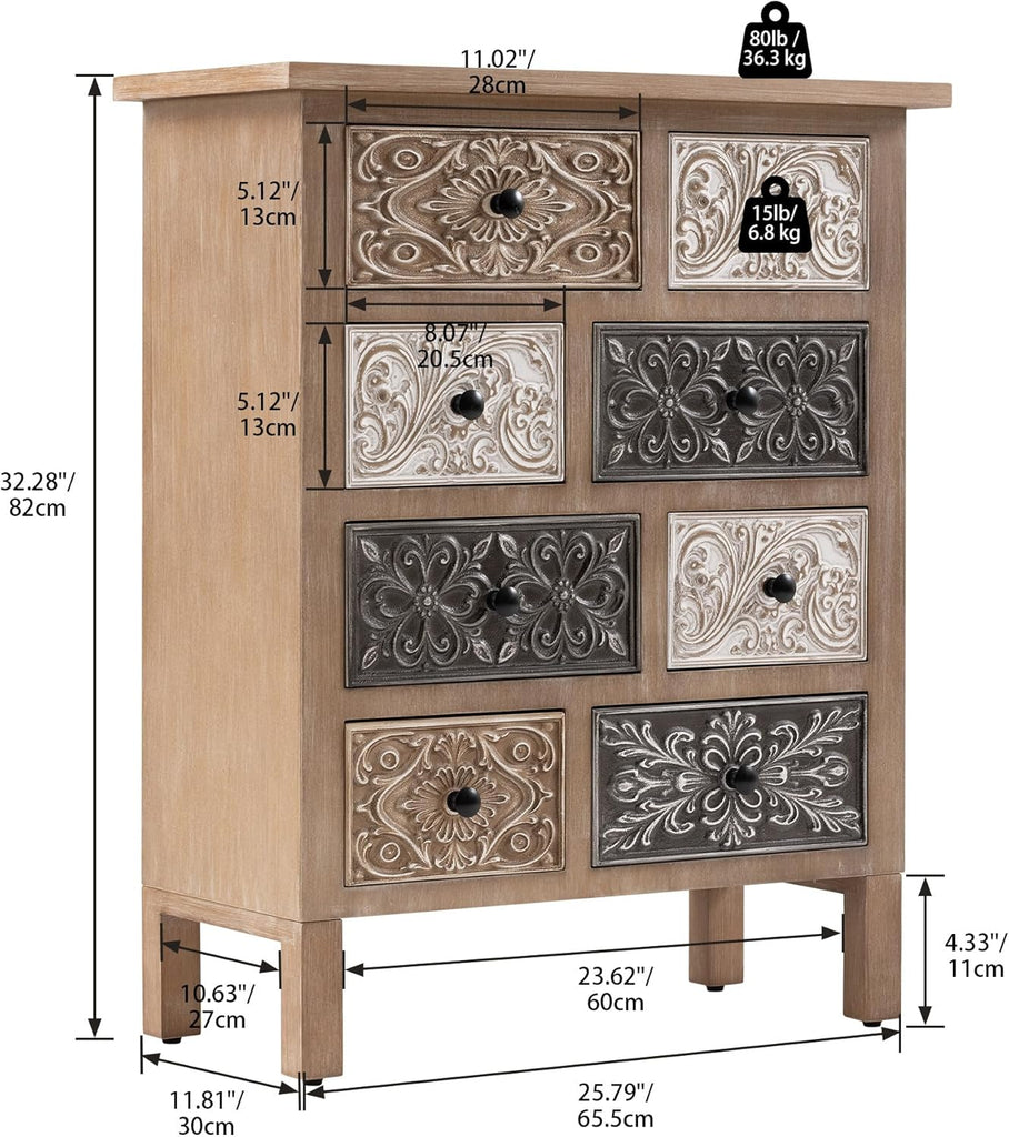 Vintage Accent Cabinet with 8 Hand-Carved Drawers, Boho Rustic Wood Storage Chest, Fully Assembled Distressed