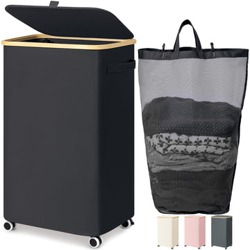 100L Large Rolling Laundry Basket with Wheels and Lid, Black